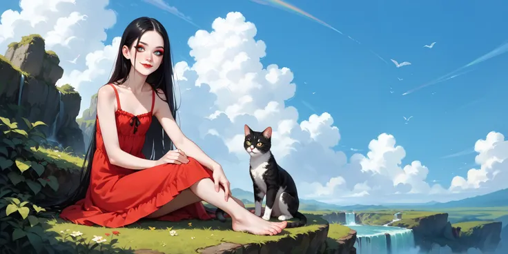 a age girl sitting next to a cat,  long red dress , V-neck, straight black hair,  Very long hair, freckles, detailed ribs,  flat breasted, perfect feet, Medium and pointed breasts, full body, small bare feet, red lips, eyeliner,  smile, waterfall, clouds, ...