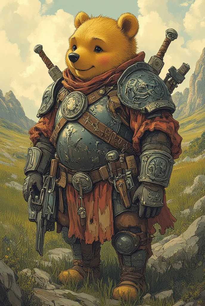 celtic warrior winnie the pooh , masterpiece, Best quality, Super Detail,4K,standing on a green steppe, bright light in the background , extremely detailed 8k photo with very realistic presentation, dramatic lighting, kinematic composition, epic fantasy sc...