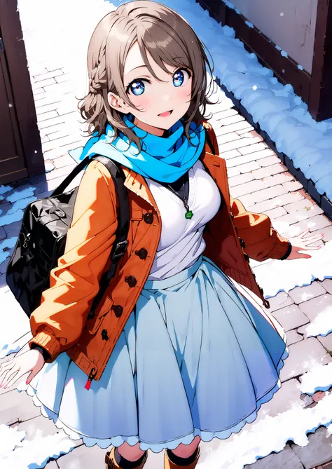  score_9,  score_8_up,  score_7_up, Alone, 1 girl, Watanabe,  short hair,Medium breast,half updo,Glasses,smile,opens her mouth,white breath,blush, duffle coat,(sweater  :1.2),( turtleneck:1.2),blue scarf , white long skirt,shoes, snow boots ,snow,morning,s...