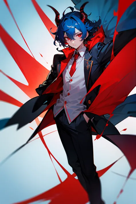 dark blue hair， red eyes，whole body，male，School Uniform, horns