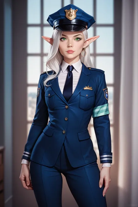 eleven, white hair, green eyes, petite body, police costume, official elf, sexy outfit,  black suit, 