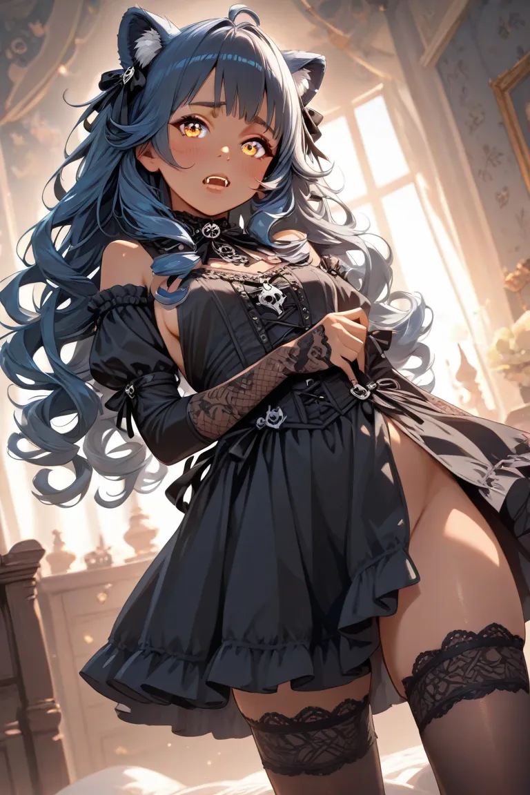 Anime Lion Girl, Tanned skin, Curly Black and Blue Hair, Golden Eyes, Fangs, Goth, Goth Outfit, Best Quality, masterpiece, Illustration, Wallpaper,1girl in, Solo, Semi-long hair, Beautiful detailed girl, extremely detailed eye and face, Beautiful detailed ...