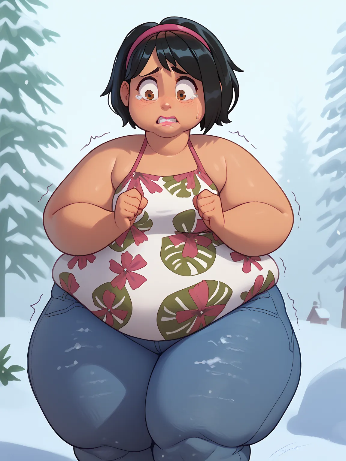 1 girl, Alone , SammyGutierrez (big fat body), black hair, short hair, pink hairband,  pink lips, brown eyes, dark-skinned woman, camiseta sin mangas, floral print,  bare shoulders , jeans, snow,  winter, Tundra,  arms crossed ,  frown , Scared, [highly st...