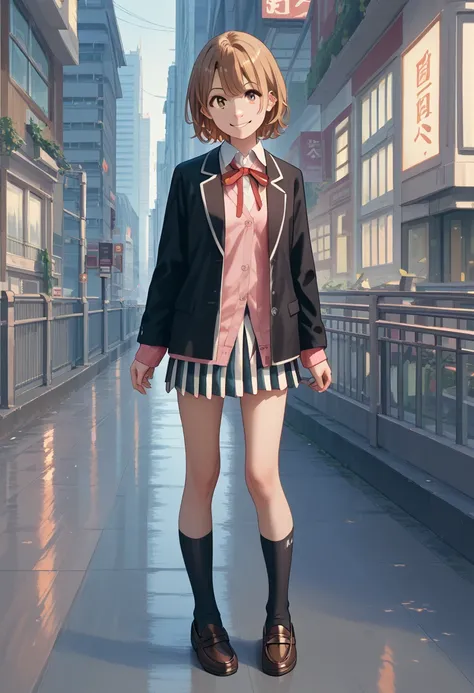 masterpiece, 1girl, brown hair, short hair, white shirt,  Red string ribbon, Pink Cardigan, Black blazer, black socks, Brown Loafers, Striped pleated skirt, standing, city, smile