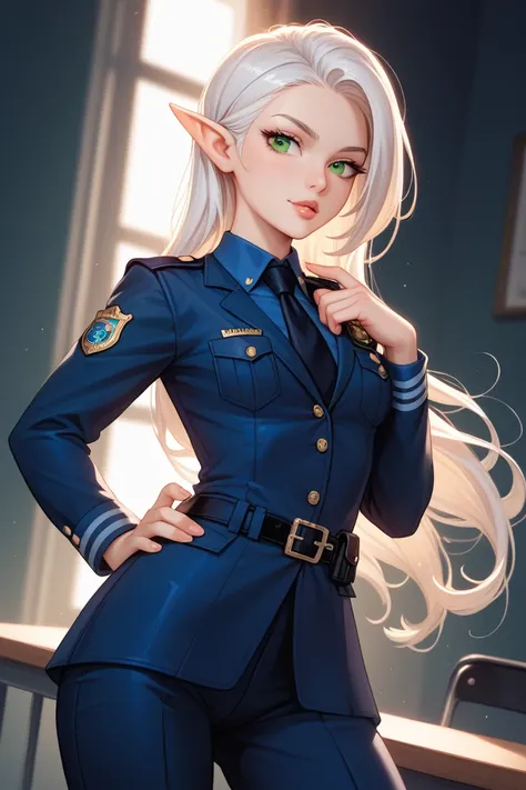 eleven, white hair, green eyes, petite body, police costume, official elf, sexy outfit,  black suit, anime style