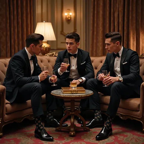full body view of 3 different young members of the elite white men's club advocating unlimited wealth and power, seated drinking whisky in the livingroom of the luxurious mansion of one of them, dressed in fabulous dapper suits, thinnest fine silky pattern...