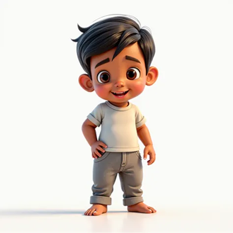 Indian baby boy boy standing in full , Front view, en tee shirt et jogging ,  Pixar style , white background 