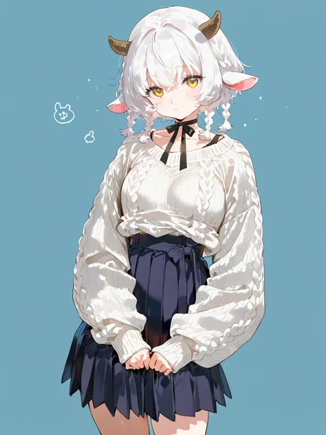 lamb girl, solo, small breasts, Ribbon choker, black High-waisted pleated skirt, white Cozy knit sweater, short hair, White hair, double braids