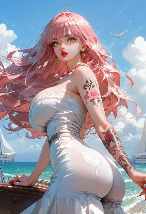 Young girls sail on a sailboat sea gigantic storm strong wind. bodies Athletic big breasts big buttocks long loose hair moved by the wind green eyes long nails tattoos pink lipstick red lipstick suit 