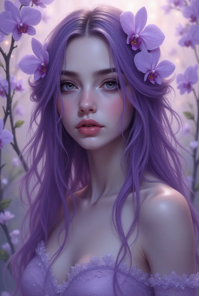 A high-quality digital artwork in the style of pinkdarkcanvas,
A serene woman with luminous alabaster skin and piercing amethyst eyes. Her hair is an intricate cascade of deep violet and soft lilac, accented by delicate white orchids. She wears a sheer lav...