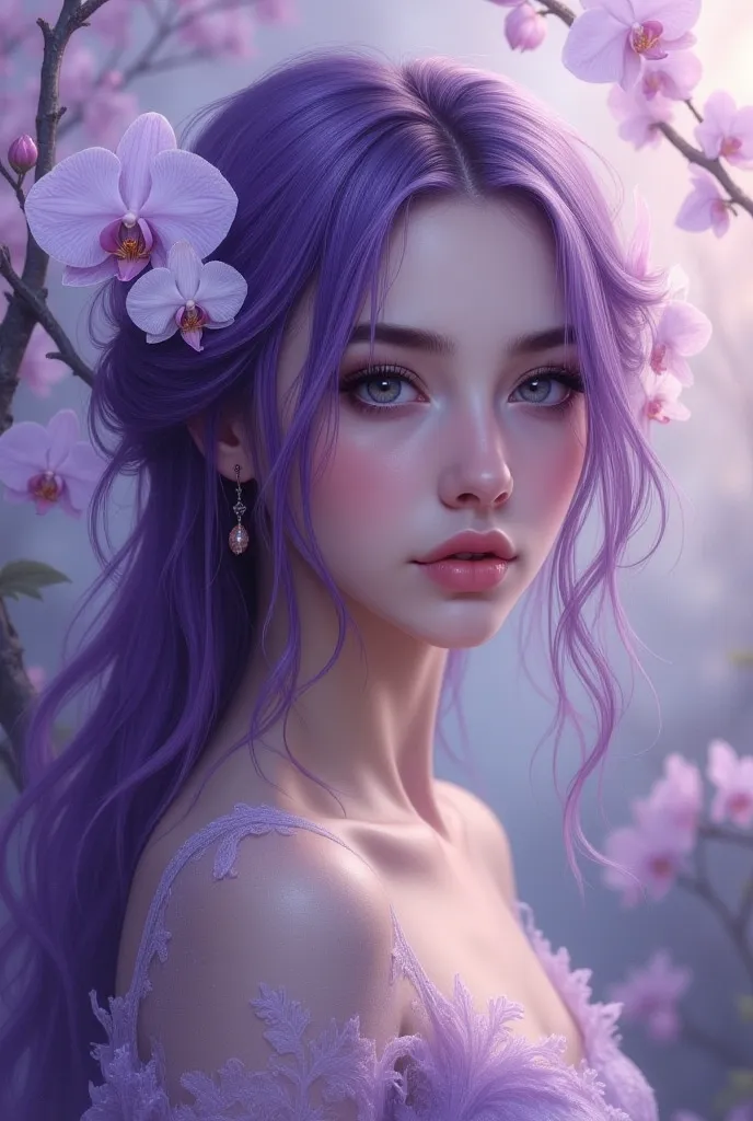 A high-quality digital artwork in the style of pinkdarkcanvas,
A serene woman with luminous alabaster skin and piercing amethyst eyes. Her hair is an intricate cascade of deep violet and soft lilac, accented by delicate white orchids. She wears a sheer lav...