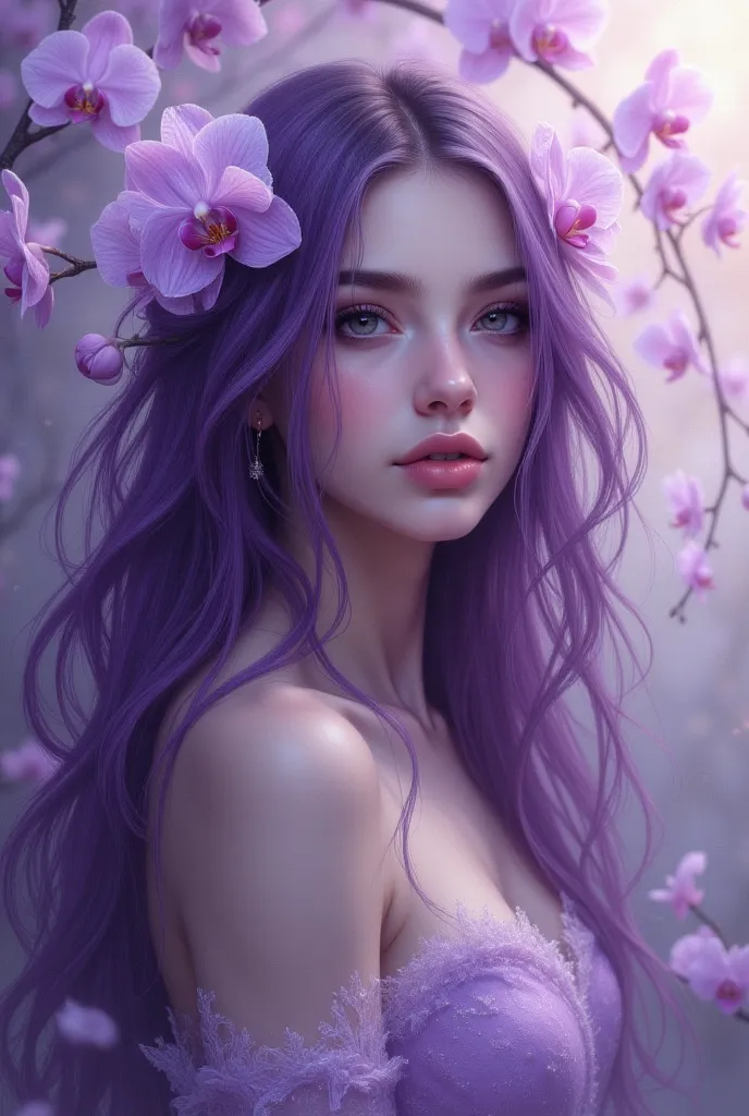 A high-quality digital artwork in the style of pinkdarkcanvas,
A serene woman with luminous alabaster skin and piercing amethyst eyes. Her hair is an intricate cascade of deep violet and soft lilac, accented by delicate white orchids. She wears a sheer lav...