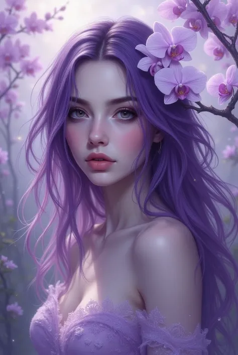 A high-quality digital artwork in the style of pinkdarkcanvas,
A serene woman with luminous alabaster skin and piercing amethyst eyes. Her hair is an intricate cascade of deep violet and soft lilac, accented by delicate white orchids. She wears a sheer lav...