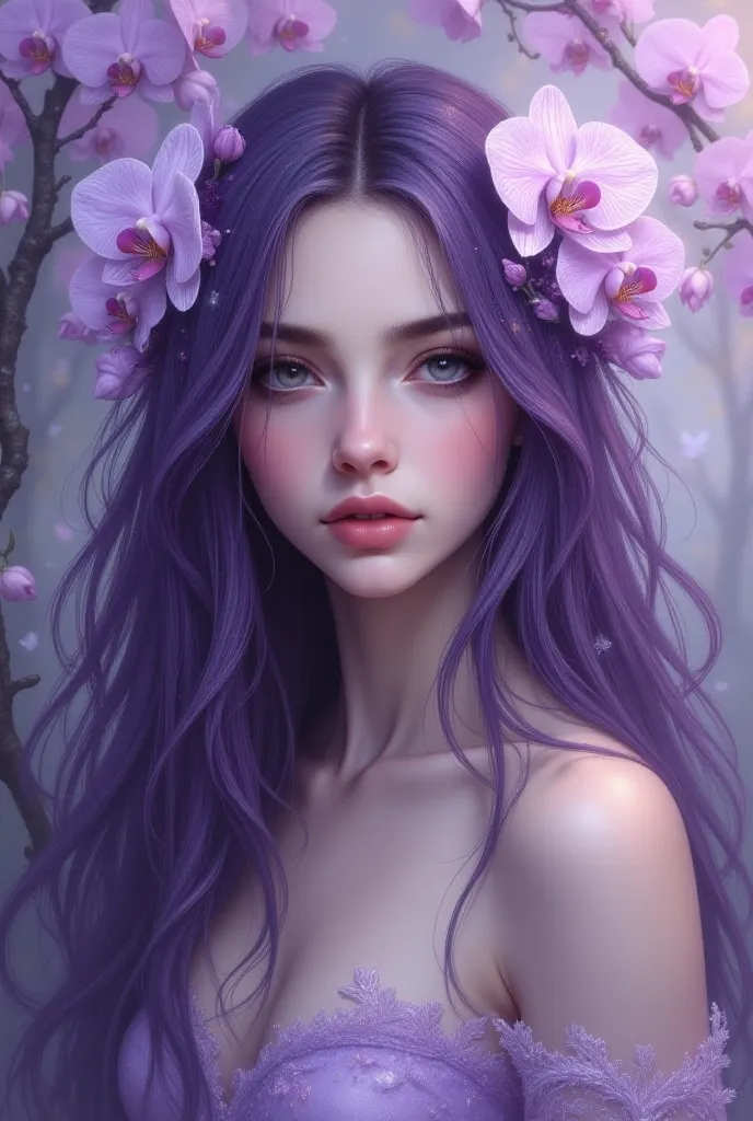 A high-quality digital artwork in the style of pinkdarkcanvas,
A serene woman with luminous alabaster skin and piercing amethyst eyes. Her hair is an intricate cascade of deep violet and soft lilac, accented by delicate white orchids. She wears a sheer lav...