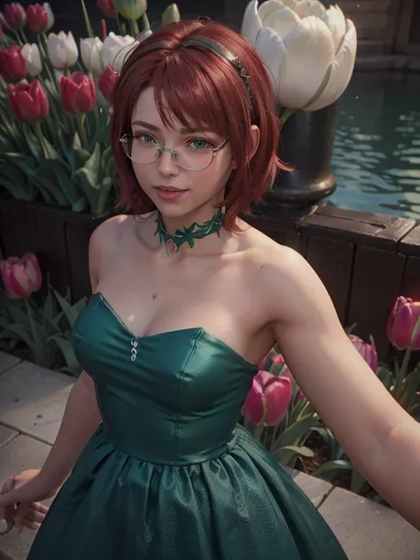 close-up, upper body. Short, ( red hair:1.6), (green eyes:1.6), (diopter glasses with metal frames:1.3), (blue green strapless dress:1.6), smiling 15-year-old girl in a garden among tulips. (Lots of tulips :1.6). ( Masterpiece , top quality shirt, best qua...