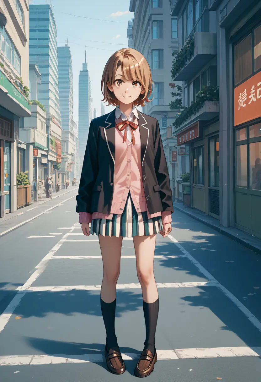 anime-style illustration, masterpiece, 1girl, brown hair, short hair, white shirt,  Red string ribbon, Pink Cardigan, Black blazer, black socks, Brown Loafers, Striped pleated skirt, standing, city, smile