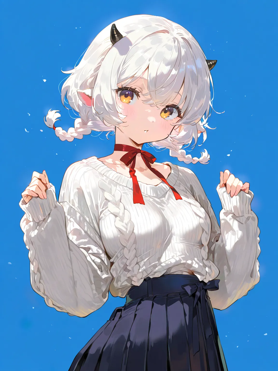 lamb girl, solo, small breasts, Ribbon choker, black High-waisted pleated skirt, white Cozy knit sweater, short hair, White hair, double braids, small horns