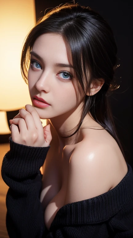 ultra high res, masterpiece, best quality, perfect glossy shiny skins, perfect lighting, detailed lighting, dramatic shadows, ray tracing, black sweater, looking at viewer, off shoulder, Big breasts, Exposed cleavage, blue Eyes, nsfw, ((Dark background)), ...