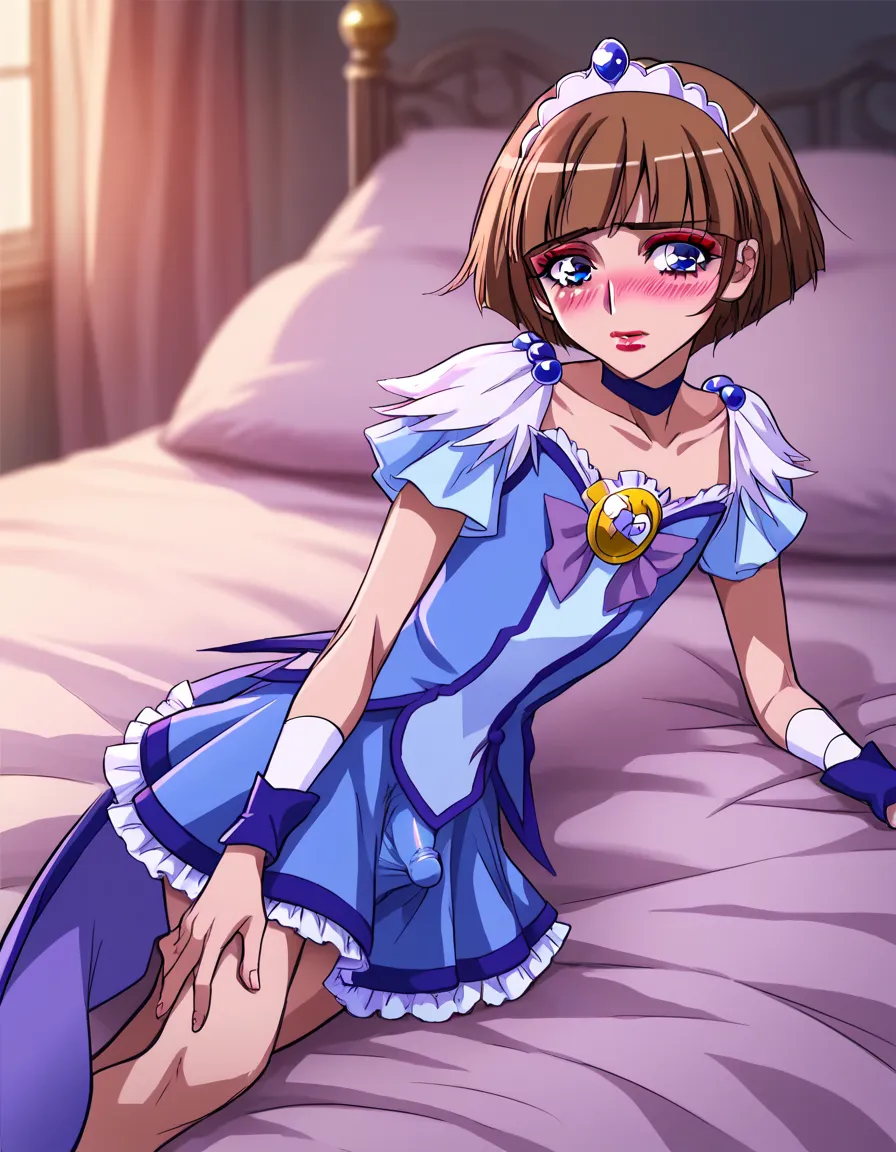 1boy, solo, alone, bed, red lips, brown hair, short hair, spike hair, blue eyes, red eyeshadow, pink blush, pink lips, shy, flat chest, Laying on side poses, on bed, cosplay cure beauty, cure beauty outfit, bulge small penis under outfit, 