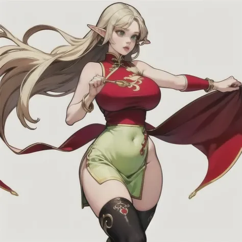  an elf girl with long blond hair , light green eyes,  Thin Lips,  round face,  huge breasts,  hips,  wearing a black qipao with gold embroidery and large side slits for better performance/combat movements ,  a type of brown tights or tights ,  spike brace...