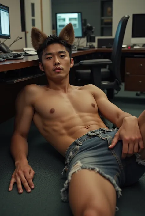  handsome man,without a beard,looking like a muscular Korean, with fox ears , Lying down in ripped shorts at the office 