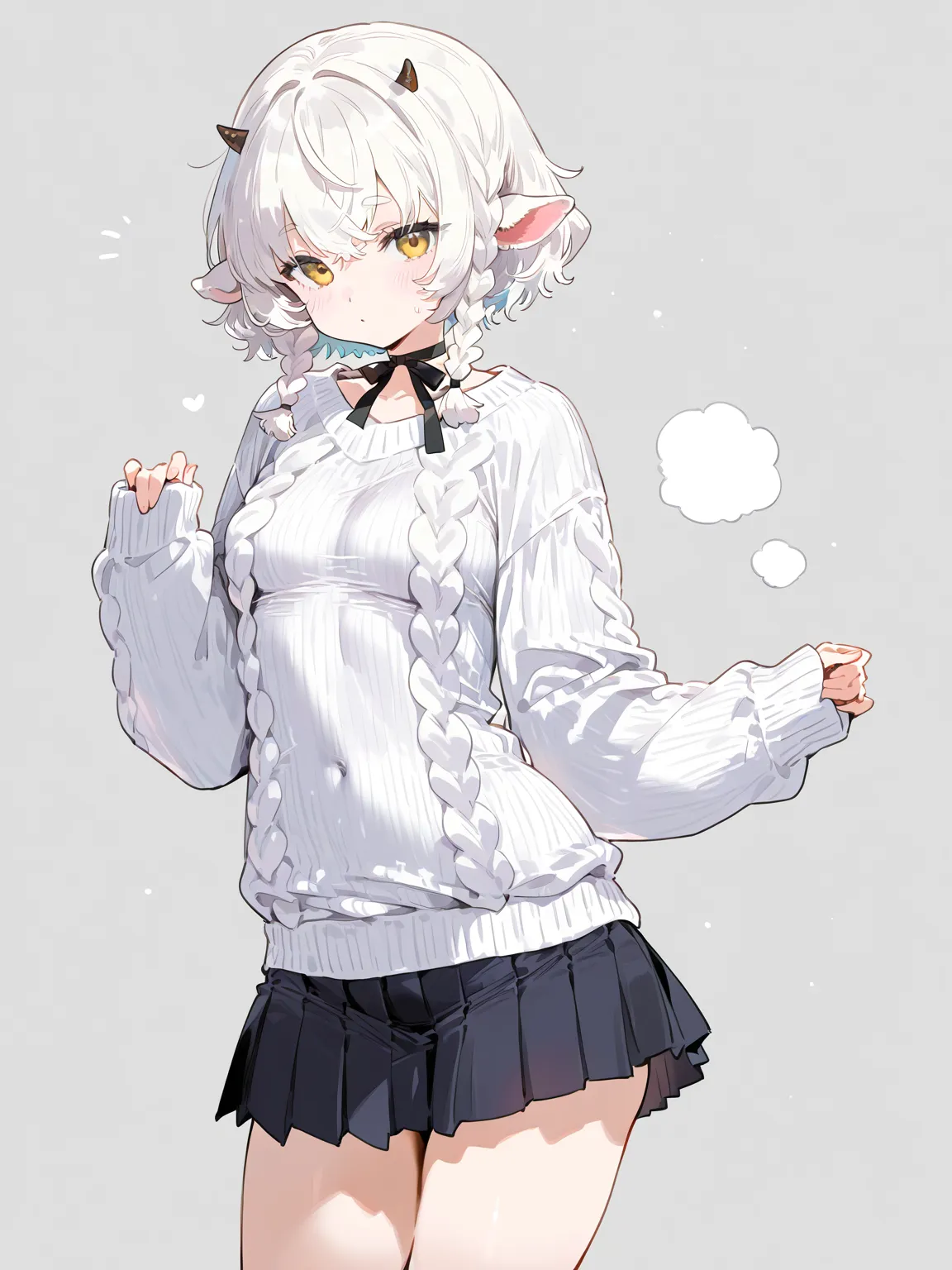 lamb girl, solo, small breasts, black Ribbon choker, black pleated skirt, white Cozy knit sweater, short hair, White hair, double braids, small horns