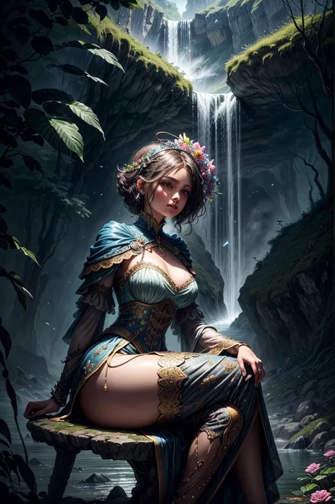 A captivating detailed realistic 3d painting of a miniature svelte huge-bust female perched on a vibrant, detailed flower. The flower petals are decorated with a stunning landscape painting, with a picture of a cascading waterfall, which, Seems, Revives, f...