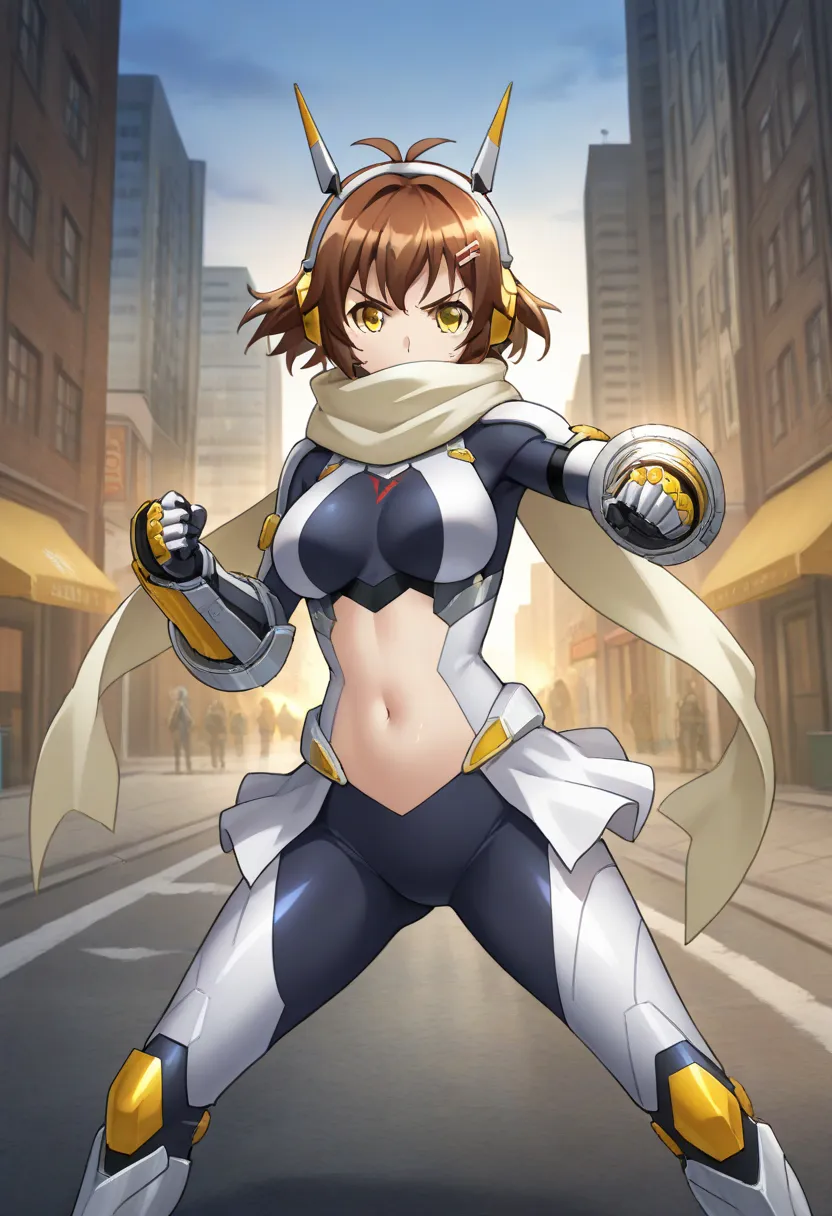 1 girl, Alone, Tibiana Nozayef, , brown hair,  antenna hair, yellow eyes all the way to the tip,  short hair, hair clip,  headgear ,  headphones ,  scarf, bodysuit, armor, belly button, Gauntlet, armored boots, outdoor, city, street, standing, Combat Stanc...