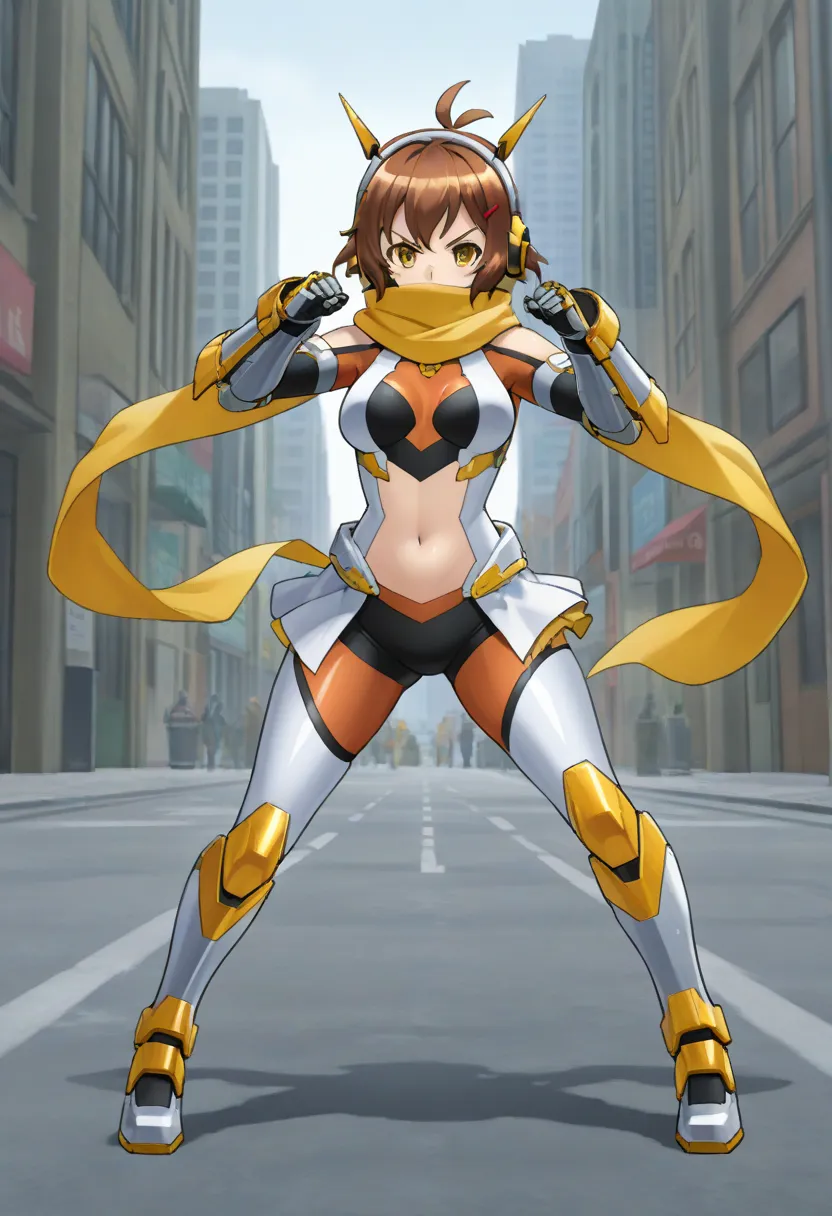 1 girl, Alone, Tibiana Nozayef, , brown hair,  antenna hair, yellow eyes all the way to the tip,  short hair, hair clip,  headgear ,  headphones ,  scarf, bodysuit, armor, belly button, Gauntlet, armored boots, outdoor, city, street, standing, Combat Stanc...