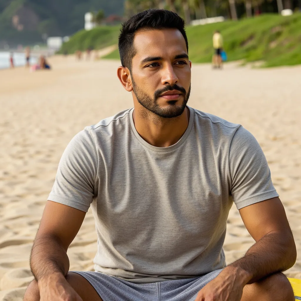 Strong brown man with a tight beard shirtless, wearing a cap, taking a picture in front of the mirror with his iPhone 15