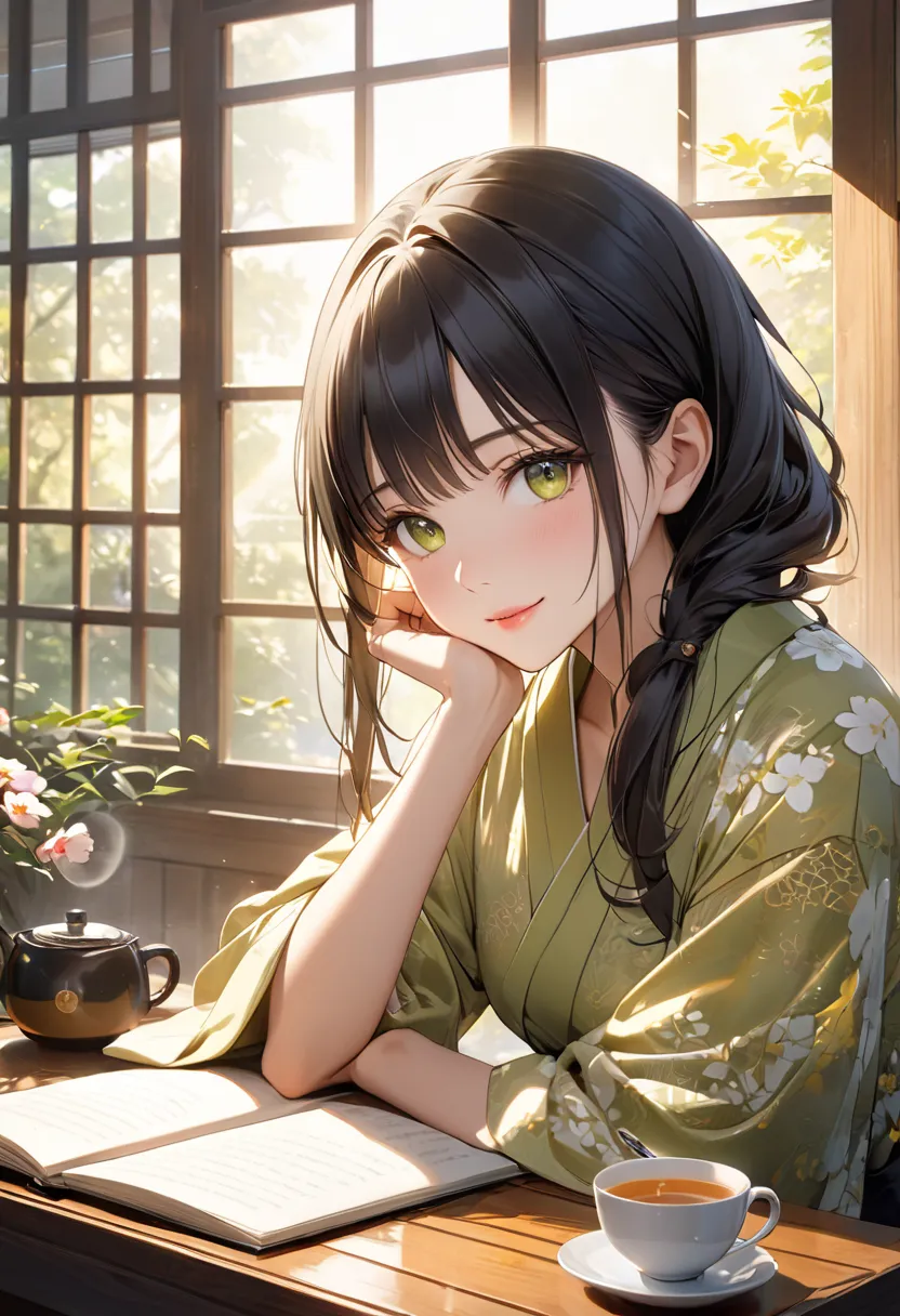 A highly detailed and ultra-realistic digital painting of a tranquil Japanese café bathed in the gentle light of morning. A beautiful woman with long, flowing black hair sits by the window, gazing softly at the viewer with a warm and inviting expression. H...