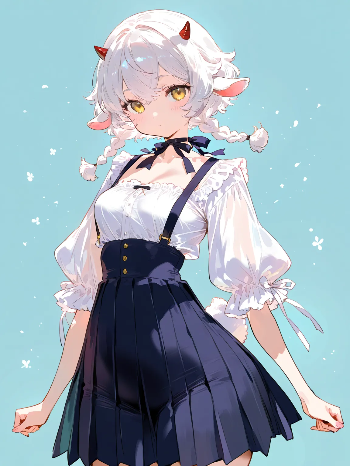 lamb girl, solo, small breasts, Ribbon choker, black High-waisted pleated skirt, white Puff sleeve blouse, short hair, White hair, double braids, small horns