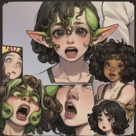  Alone, female, 1 , (((goblin,  goblin ears ))), hazel eyes, ((( curly hair,   short hair,   low , Short stack))),  Open-mouthed, lipstick, She opened her eyes wide, (((  surprised expression))),   fantasy village, Layer