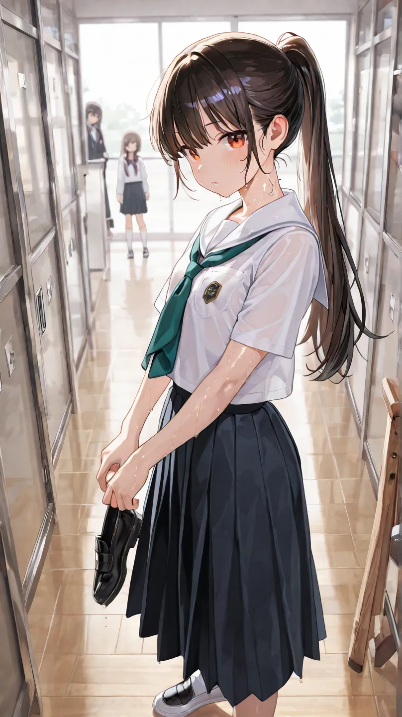 4K Ultra HD, better quality, shoes.
 A pretty girl with long hair,tall and thin with silhouettes.. Student president of a Japanese school, Physics class uniform, And slightly sweaty, sweat drips on the neck too, ponytail style hair, She is in a Japanese sc...