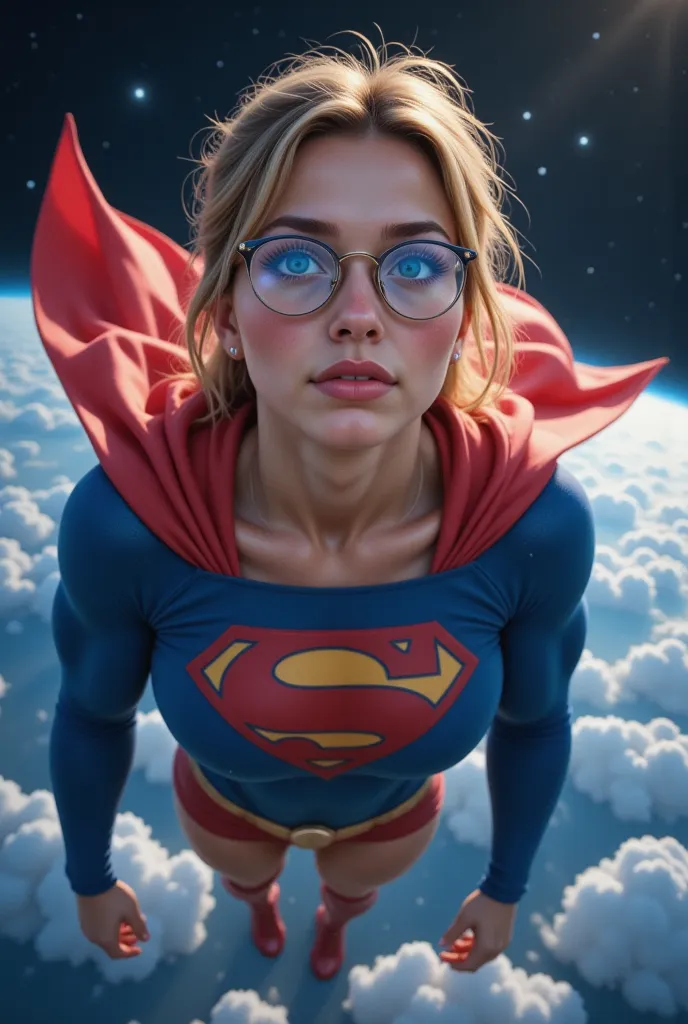 "A breathtaking, highly detailed, and ultra-textured 8K high-resolution image of a young 21-year-old and radiant Supergirl floating in the vastness of space, gazing down at Earth with a look of awe and innocence. Her blonde hair is styled neatly in an updo...