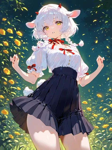 lamb girl, solo, small breasts, Ribbon choker, black pleated skirt, white Puff sleeve blouse, short hair, White hair, double braids, small horns