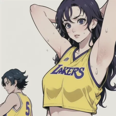 a photo próxima de uma pessoa usando um uniforme de basquete, a photo, inspired by Kentaro Miura,  trend on Pixiv ,  shinobu kochou, Demon Slayer,  kimetsu no yaiba,  wearing yellow NBA jersey , cropped yellow NBA jersey ,  wearing a low-cut cropped top , ...