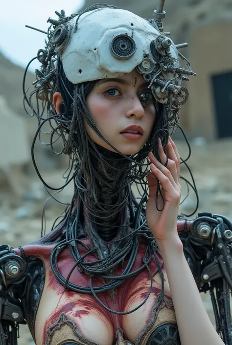 Skull cyborg, deeply looking, the body is woman, half and wires go through on it, real-life picture about the full body. It is looking forward. The skull backpiece is wires, robot mechanics, no headphone on it. The backward is apocalyptic horroric-space, r...