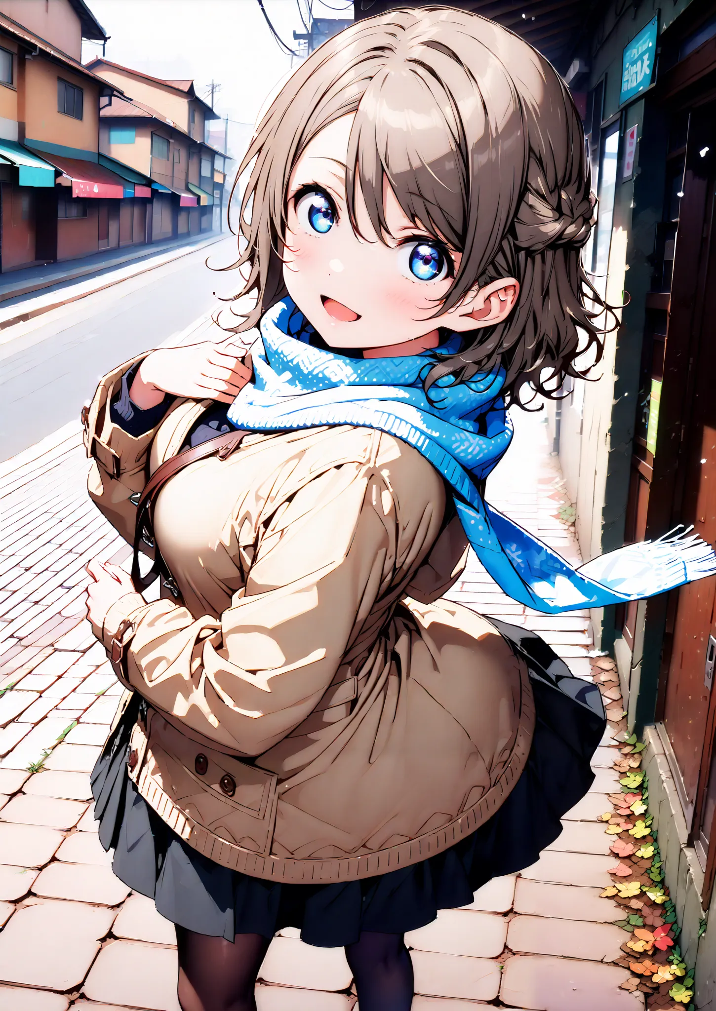  score_9,  score_8_up,  score_7_up, Alone, 1 girl, Watanabe,  short hair,Medium breast,half updo,Glasses,smile,opens her mouth,white breath,blush, duffle coat,(sweater  :1.2),( turtleneck:1.2),blue scarf , white long skirt,black pantyhose,shoes, snow boots...