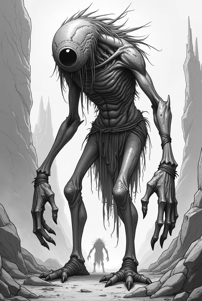 Make a monstrous Cyclops, skinny , His hands are huge close to his feet he's thin . Do it in Manga style 