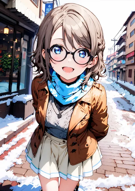 score_9, score_8_up, score_7_up, Alone, 1 girl, Watanabe, short hair,Medium breast,half updo,Glasses,smile,opens her mouth,white breath,blush, duffle coat,(sweater :1.2),( turtleneck:1.2),blue scarf , white long skirt,shoes, snow boots ,snow,morning,s...