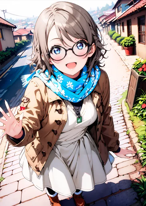 score_9, score_8_up, score_7_up, Alone, 1 girl, Watanabe, short hair,Medium breast,half updo,Glasses,smile,opens her mouth,white breath,blush, duffle coat,(sweater :1.2),( turtleneck:1.2),blue scarf , white long skirt,shoes, snow boots ,snow,morning,s...