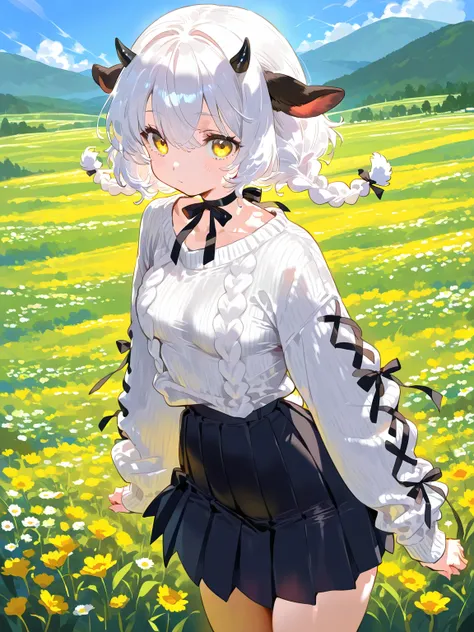 hill, meadow, lamb girl, \(solo, small breasts, yellow eyes, black Ribbon choker, black pleated skirt, white Cozy knit sweater, short hair, White hair, double braids, black small horns\)