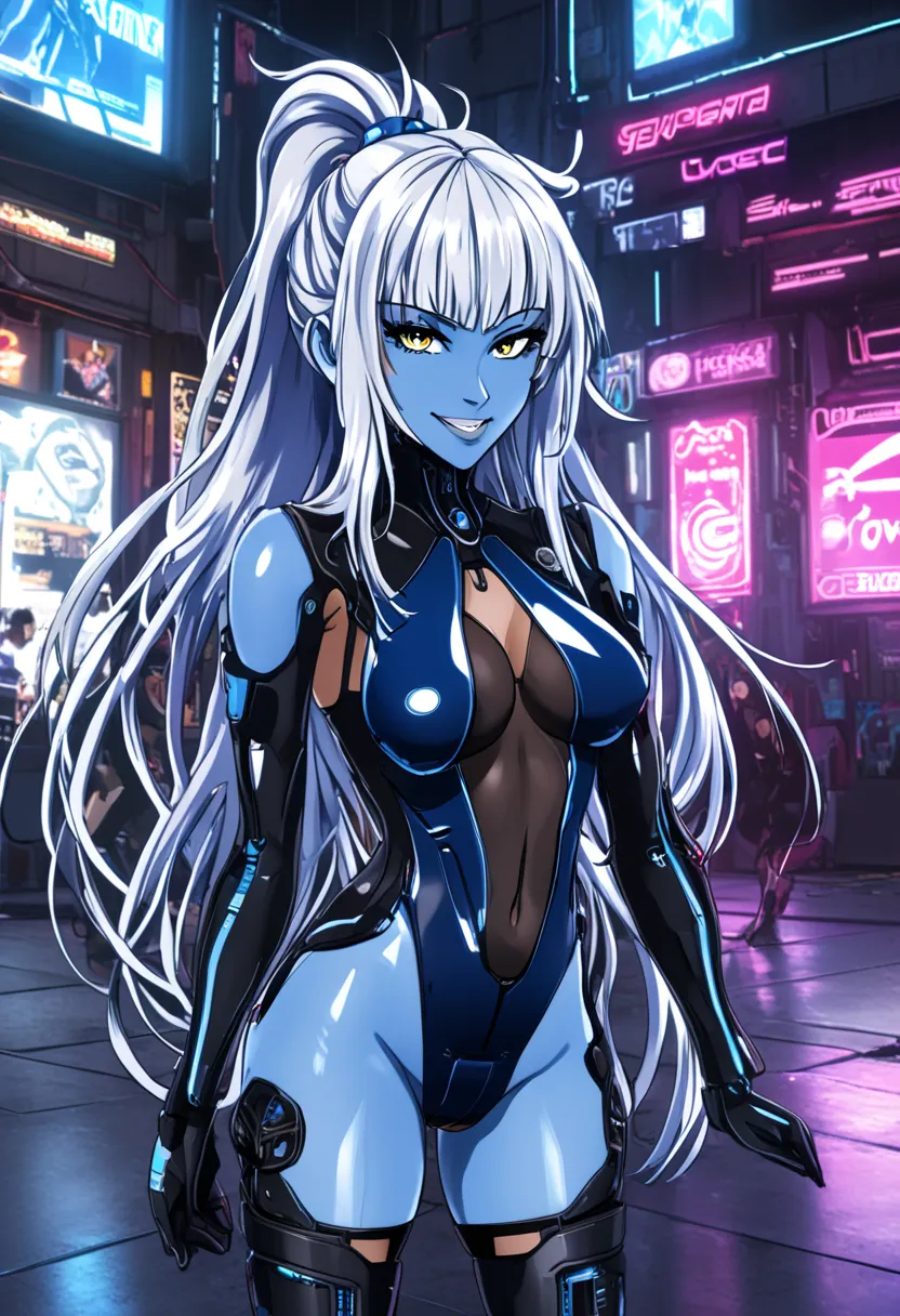 rebecca, cyberpunk edgerunners, prostitute dress, loose hair, high heels, naughty smile, ponytail hair, platinum hair, blue skin.