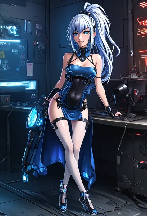 rebecca, cyberpunk edgerunners, prostitute dress, loose hair, high heels, naughty smile, ponytail hair, platinum hair, blue skin.