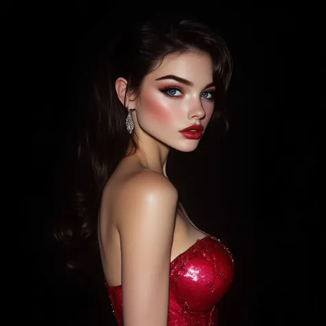 Beautiful 20 year old Russian girl,  full and reddish lips ,  porcelain skin, cabello Lacio negro azabache long, and a red dress from the CHANEL brand , CHANEL CHANEL, diamond jewelry,  bright blue eyes,  seductive,  reddish lips eyebrows, Megan Fox&#39;s ...