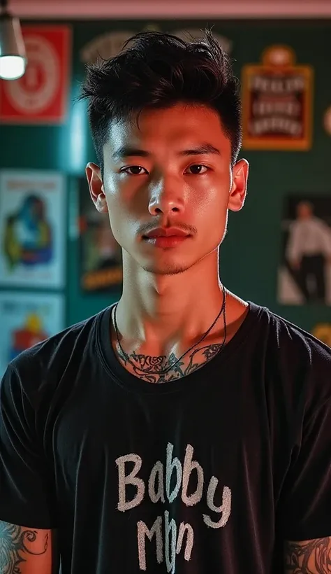 Asian man,  tattooed  ,   wearing a black shirt , with shiny skin like glazed tiles,  Luminous Body .  Asian look  ,  wearing shirt,, graphic print , "Baby man 90s," , with shiny skin like glazed tiles, Red cheeks,Pinkish red skin , Warm light ,  Movie Lig...