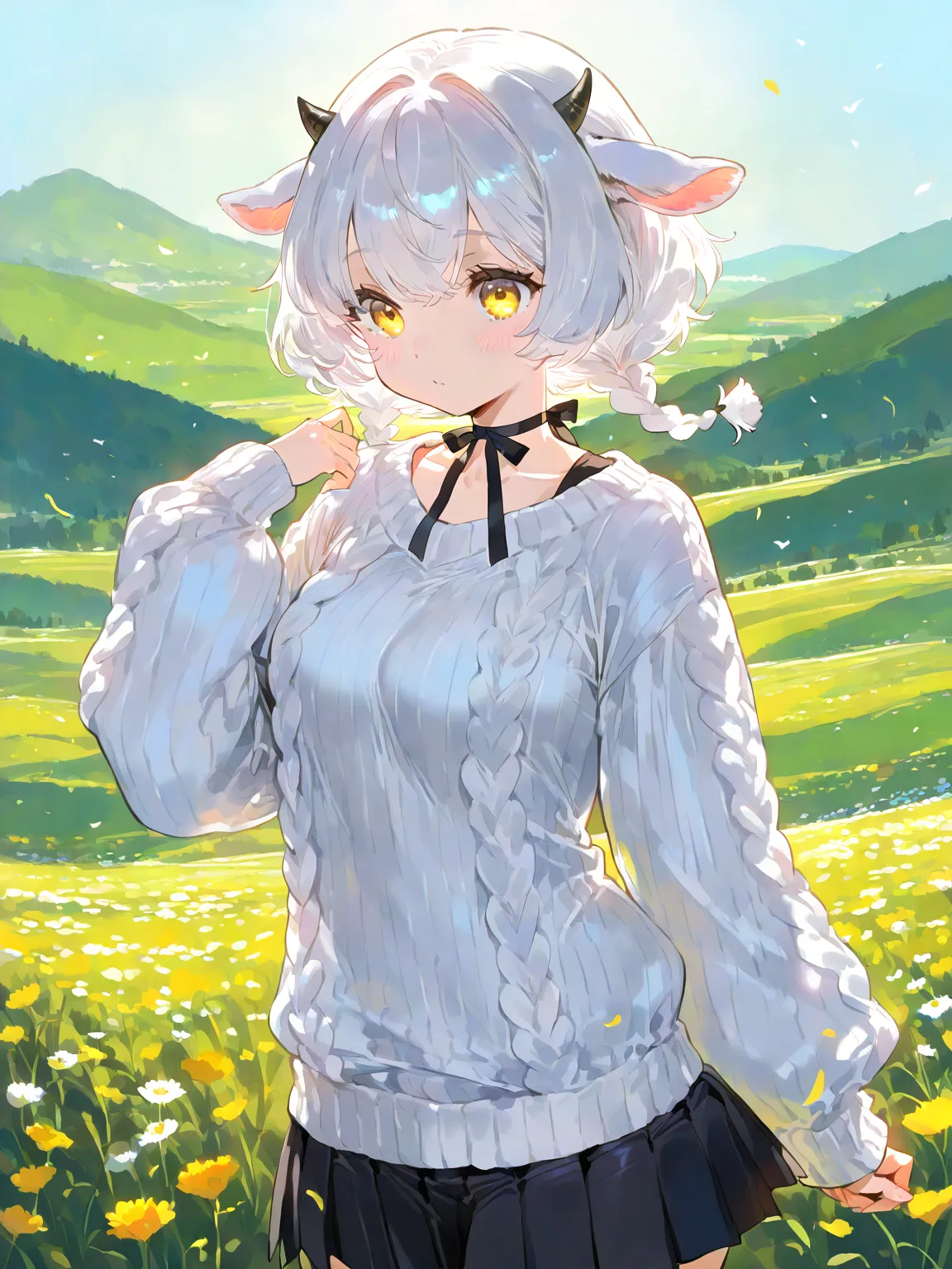 hill, meadow, lamb girl, \(solo, small breasts, yellow eyes, black Ribbon choker, black pleated skirt, white knit sweater, short hair, White hair, double braids, black small horns\)
