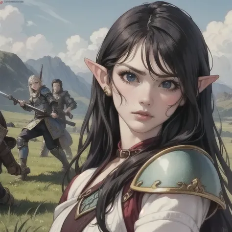  a beautiful elf with long silky black hair ,  pointy ears,captivating blue eyes,   Thin Lips,  round face,   pointy ears,  small breasts, Furious, elf warrior, wearing lightly silver-coated leather armor,  fantasy character  ,(sfw)conservative battle cost...