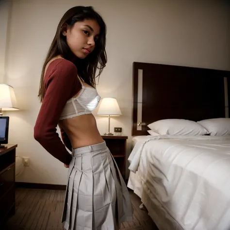 beautiful peruvian girl, wearing a white bra and a grey pleated skirt, big lips, 18 years old, in a hotel room, seen from side